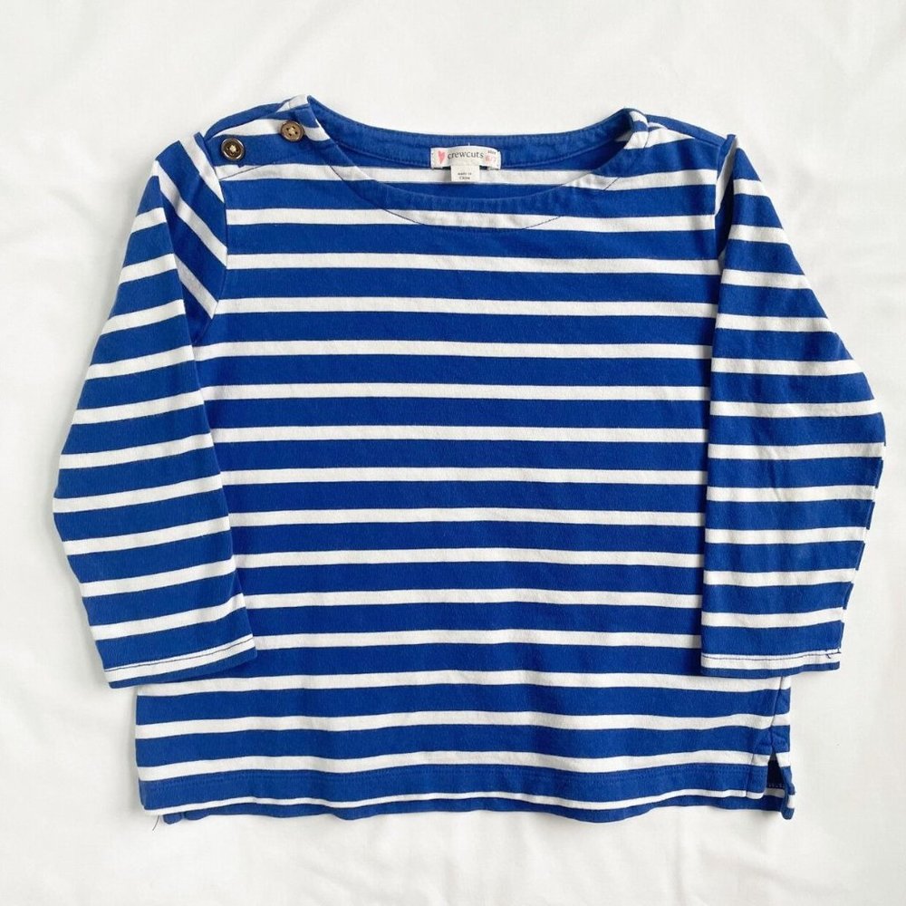 Crewcuts Blue And White Striped Boat Neck Three Quarter Sleeve Shirt Kids Size 6